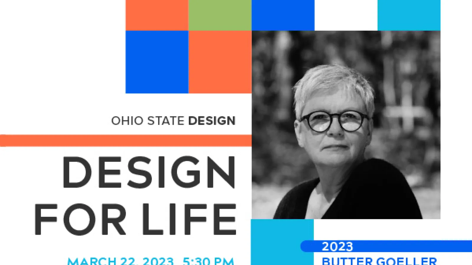Graphic announcing the event with text details and a photog of the speaker