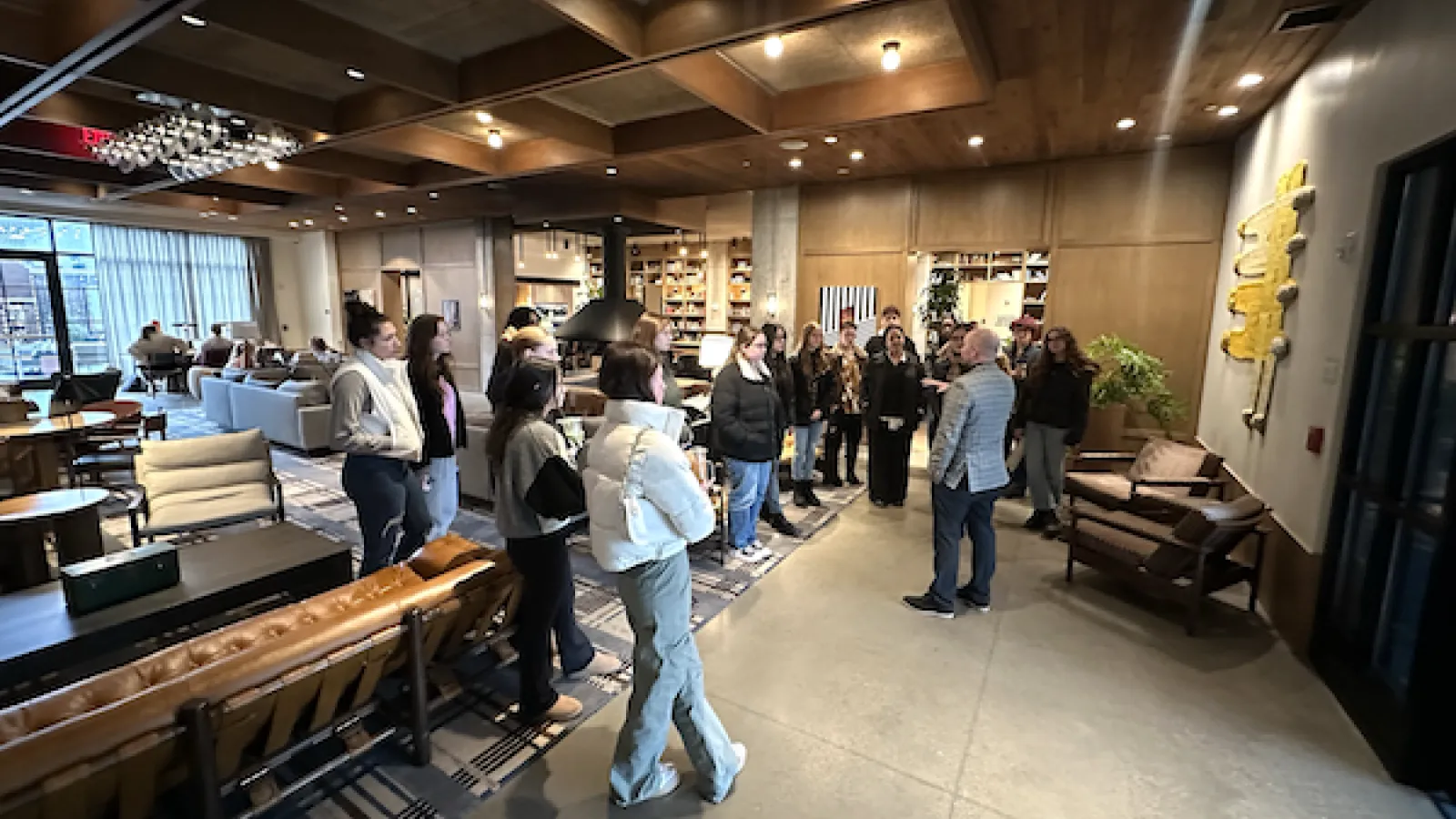Students gathered in hotel lobby