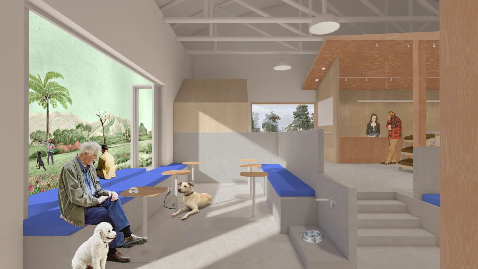 1.	A spacious cafe area with modern and minimalist design elements. There are blue cushioned bench seats with small wooden tables attached, arranged along concrete seating platforms. An elderly man sits with a white poodle nearby, while a tan dog lies on the floor. Large open windows reveal a surreal, collage-style landscape with palm trees and mountains. A counter area in the background features a wooden ceiling with hanging lights, where two people are engaged in conversation. The space has an inviting, w