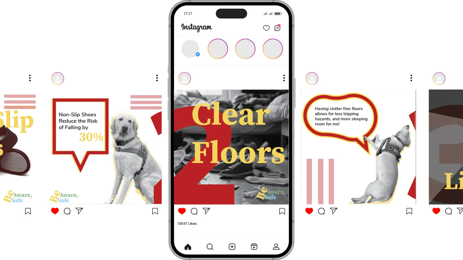 A seven slide feed Instagram mockup that uses graphics and photos to show three ways to avoid falls at home: wearing non-slip shoes, clearing floors, and having appropriate lighting. 