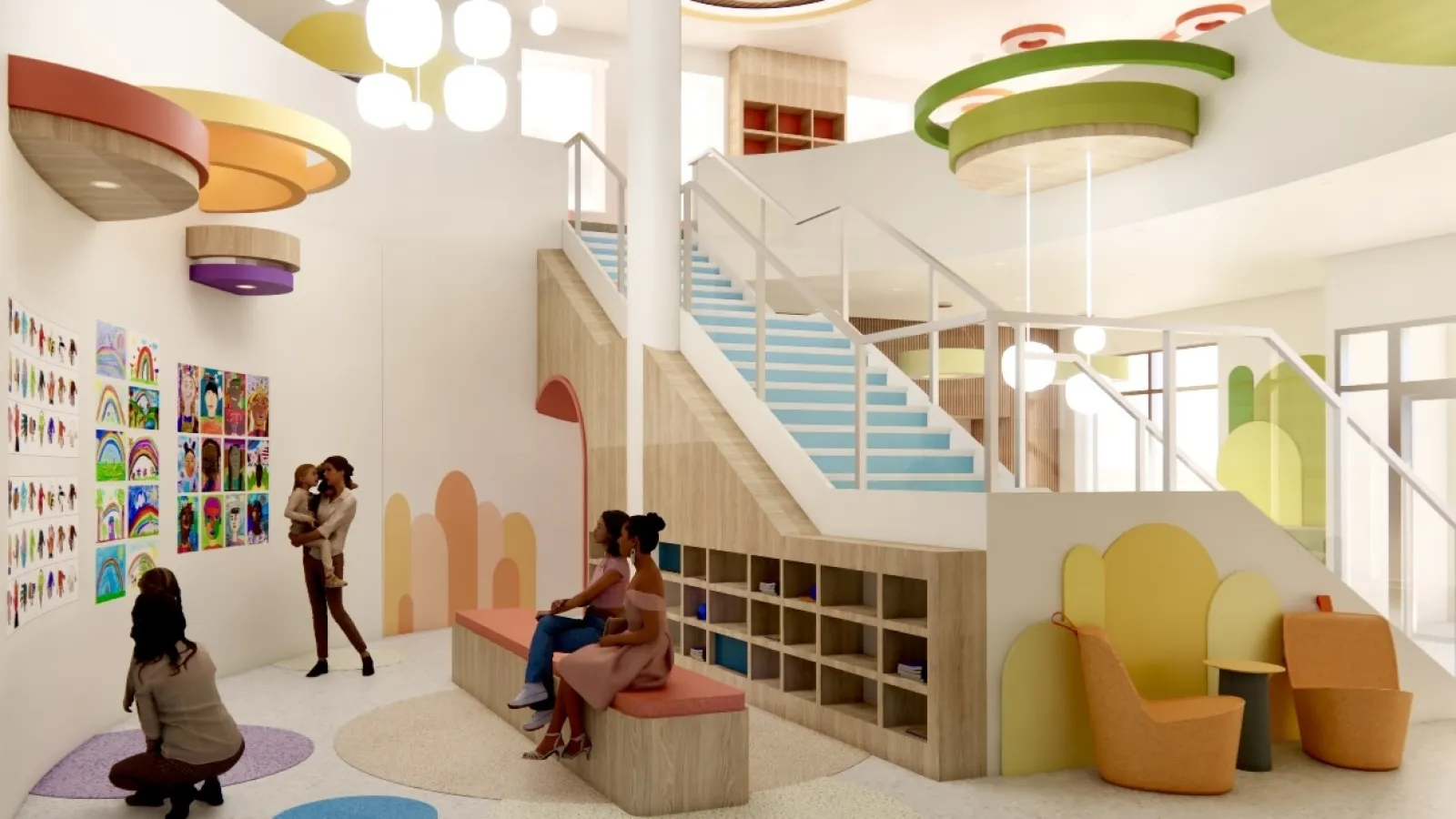The gallery displays a variety of student artwork along the walls, with a spacious central area for interaction. This space is designed to showcase creativity while encouraging visitors to connect with the artwork.