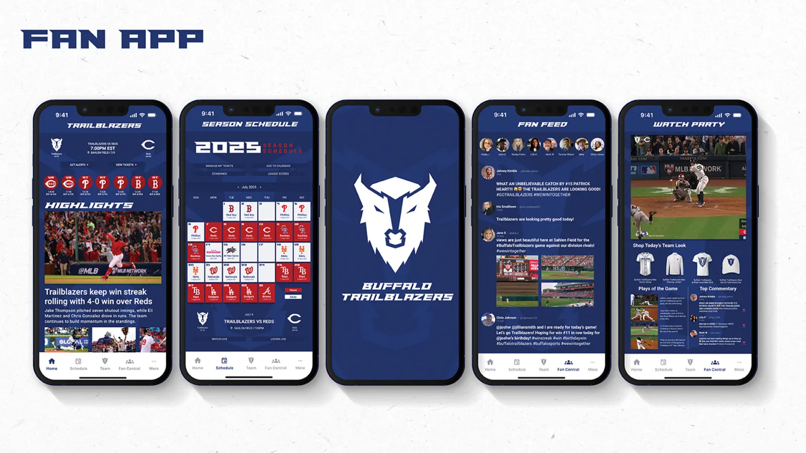 Buffalo Trailblazers, sports fan app interface displaying five smartphone screens. Screens show highlights, season schedule, team logo welcome screen, fan feed, and a watch party.