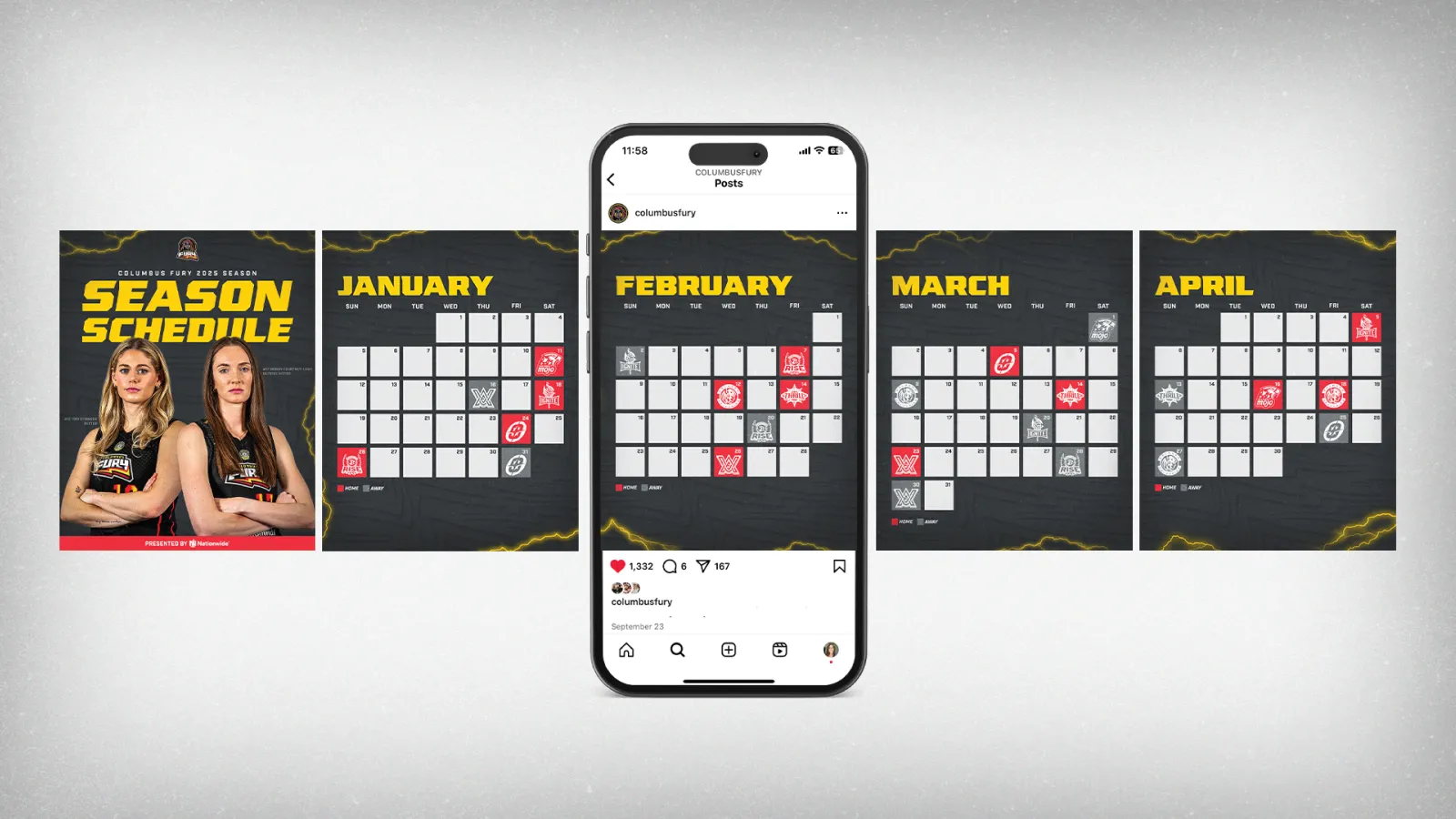 A mockup of the season schedule carousel graphics. Each graphic displays a monthly calendar with home and away matches marked on them.