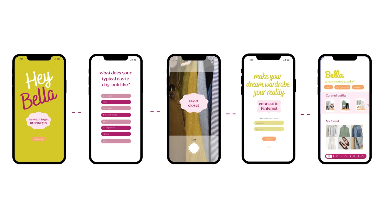 Five screens that take you through the application. Starting with the intro screen and going to the home page with all of the personalized content.