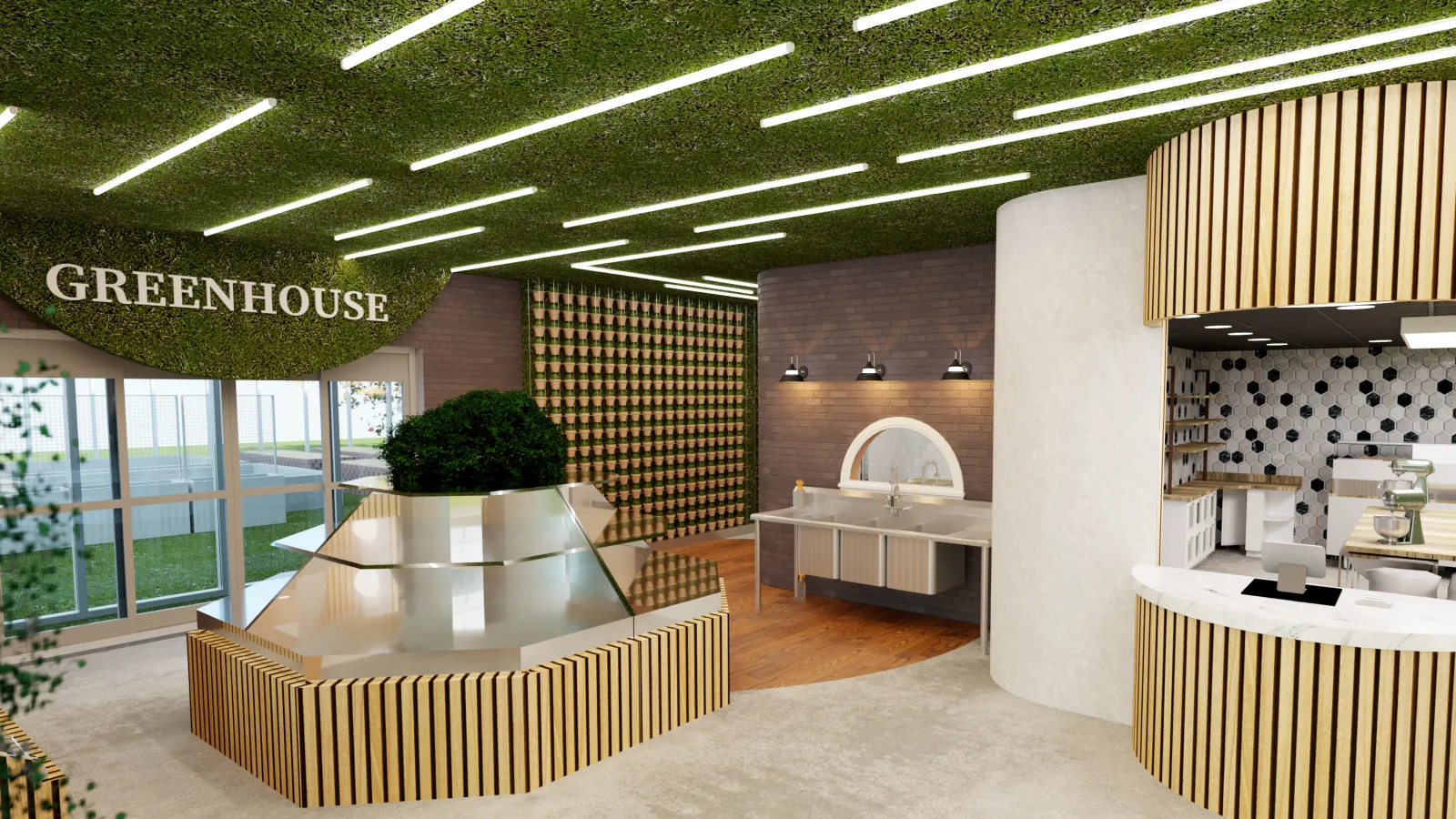 A modern greenhouse and produce market with a lush green ceiling and integrated lighting. A central hydroponic display sits in the middle, surrounded by wooden accents. To the right, a washing station with a round mirror and stainless-steel sink leads into a kitchen. The space allows guests to purchase prewashed produce or harvest their own.