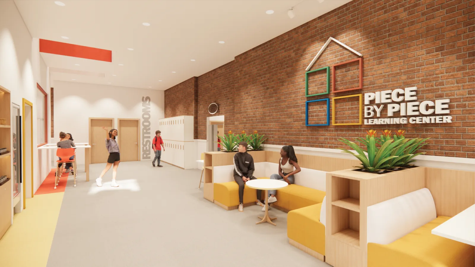 A perspective view of the snack and refreshments area with the 'Piece by Piece Learning Center' logo displayed on a brick wall. A girl and a boy sit in a yellow booth against the brick wall, turning their heads to greet a girl waving as she leaves from the mathematical/logical learning area in the back. Behind her are two girls sitting at a table connected to the home-like structure, while on the opposite side of the wall, a boy places his bag in a locker next to the restrooms.