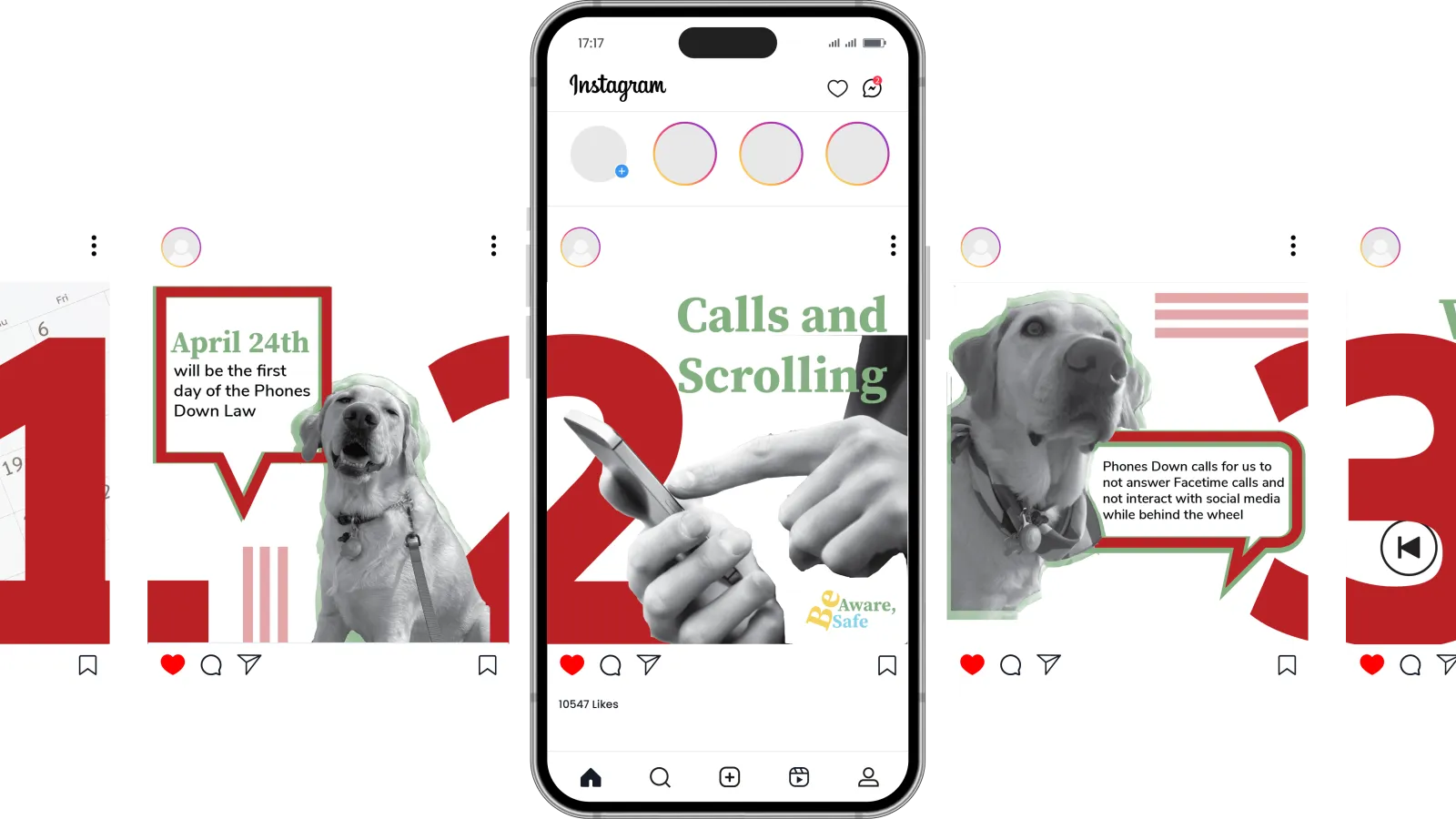 A seven slide feed Instagram mockup that uses graphics and photos to show three tips on staying safe when driving a motor vehicle and new laws: Phones Down Law, avoid taking calls and scrolling, and avoid watching videos when behind the wheel. 