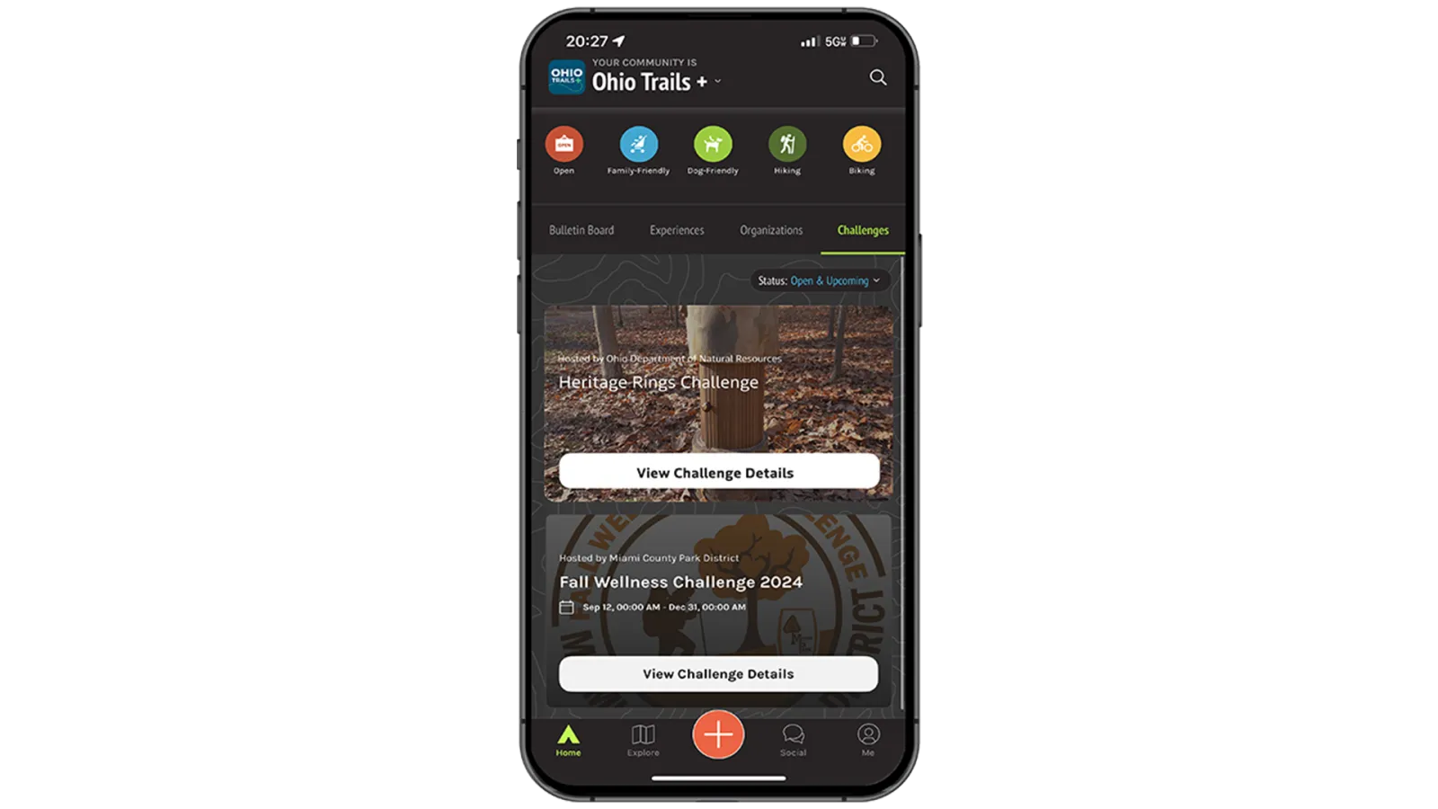 The user interface of the OuterSpatial app is shown on a phone. Park visitors are encouraged to use the geocaching feature to participate in the challenge of collecting Heritage Rings.