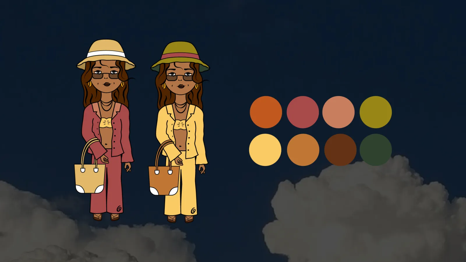 Jammies Day Out to the Beach character in two color variations and collection color palette.