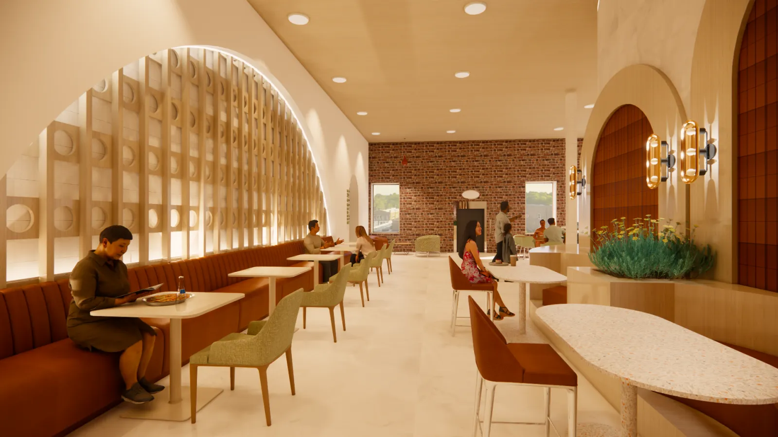 This perspective is at the far West wall of the second floor and shows the dining and seating area. This space involves banquette seating, booths, tables, and lounge seating. Here customers are seen eating grab and go meals, enjoying a cup of coffee, or socializing amongst each other.