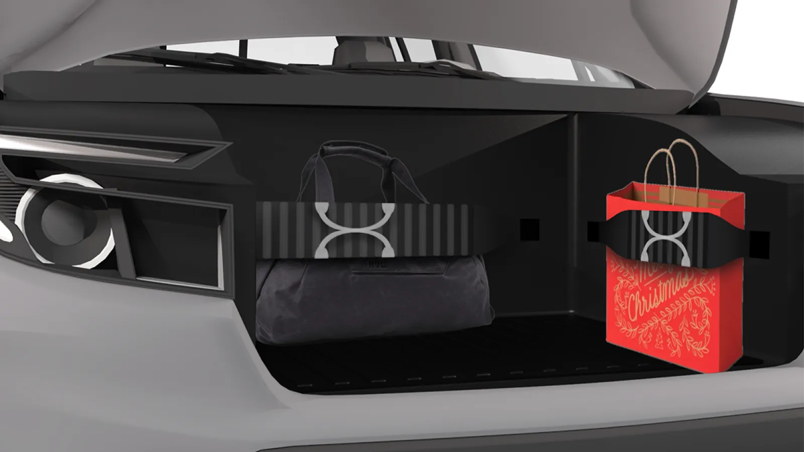 A close-up 3D-rendered image of the FrunkFlex storage system inside a vehicle’s front trunk, holding a black duffel bag and a red holiday-themed shopping bag. The modular compartments a