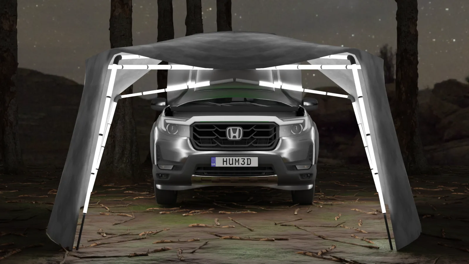 A Honda EV with the FoldNest camping extension fully set up at night. The lightweight canopy extends from the open frunk, creating a sheltered living space. The illuminated structural frames add visibility and ambiance.