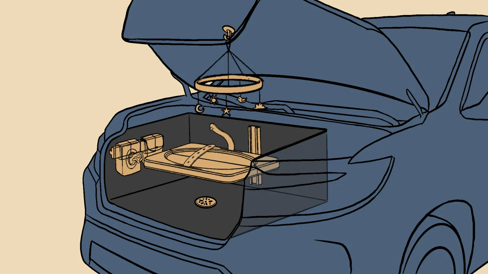 A drawing visualization of all the elements of the Frunk Changing Table, including the table itself, modular sliding side storage, a drain for cleaning the space, and a hook for a mobile.