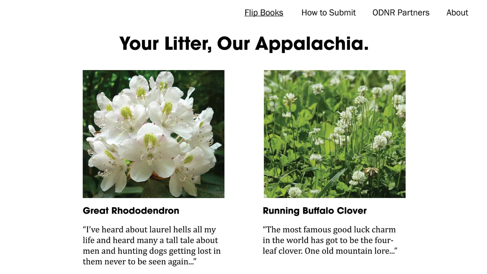 The digital campaign homepage features images of the plants the booklets are related to, along with brief text from the corresponding narratives captioning the photos.