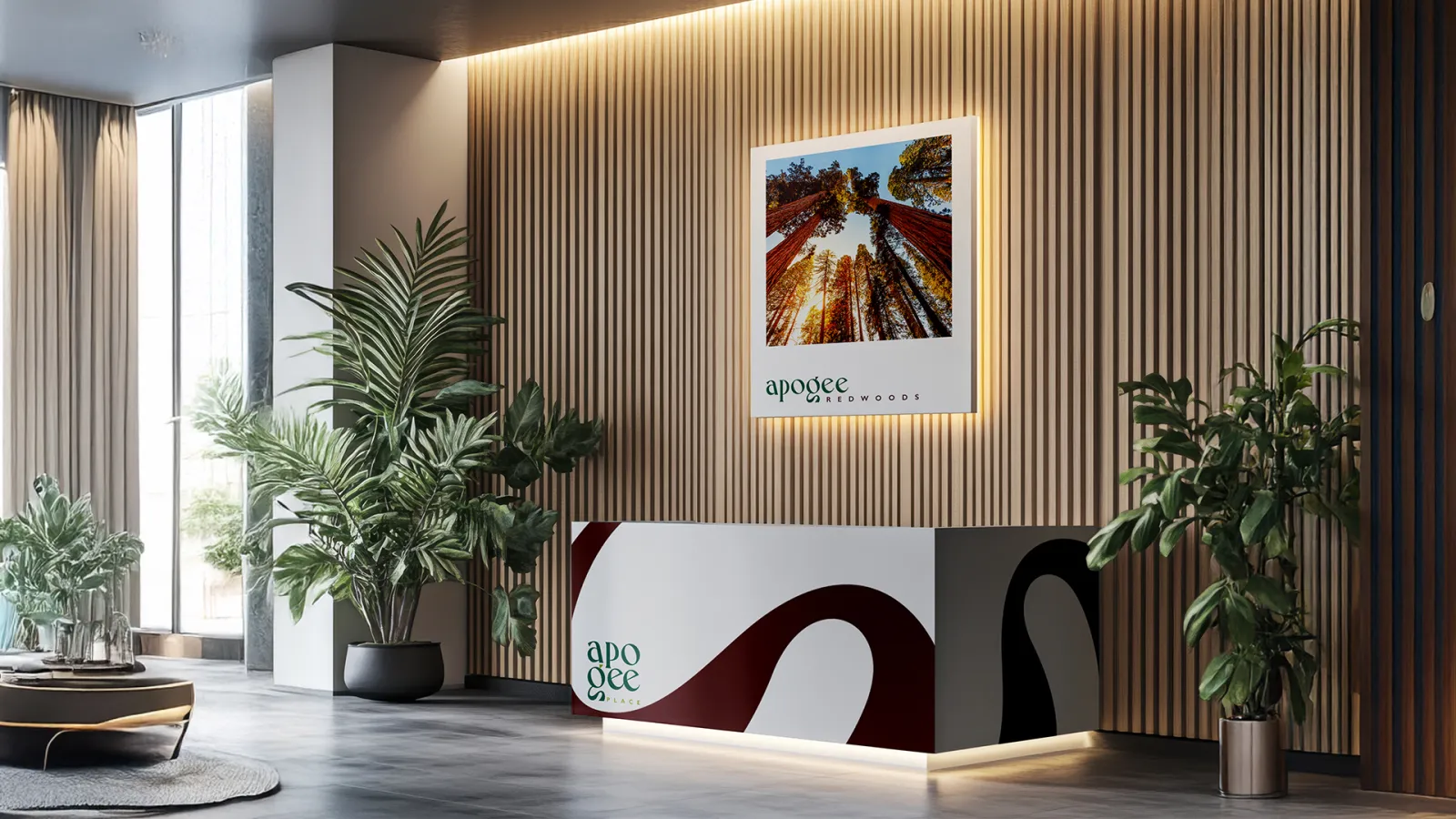 Apogee Place lobby with natural finishes and greenery 