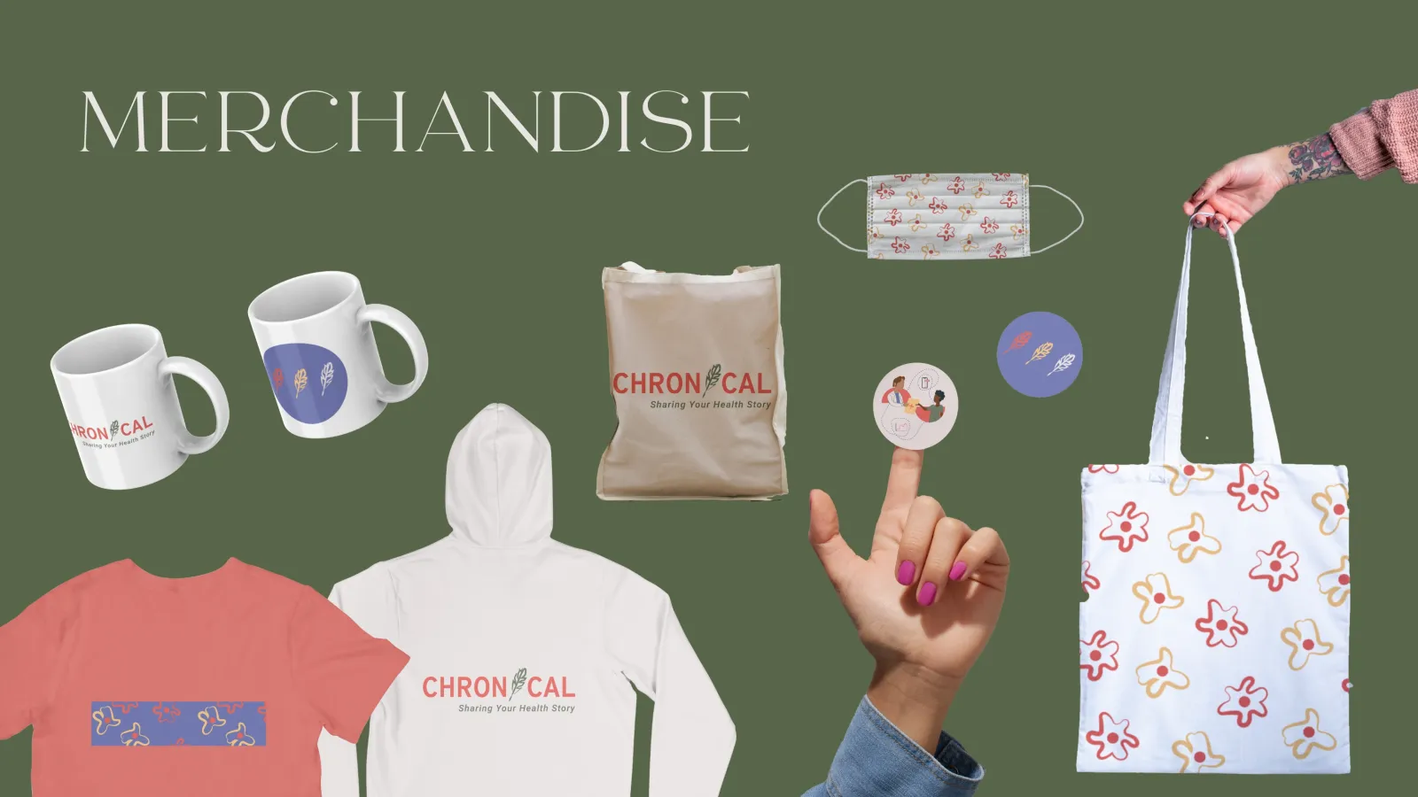 This picture has a forest green background and the word “merchandise” in beige. The image is made up of mockups of merchandise including a hoodie, t-shirt, stickers, mugs, a mask, and two tote bags all with Chronical branding.