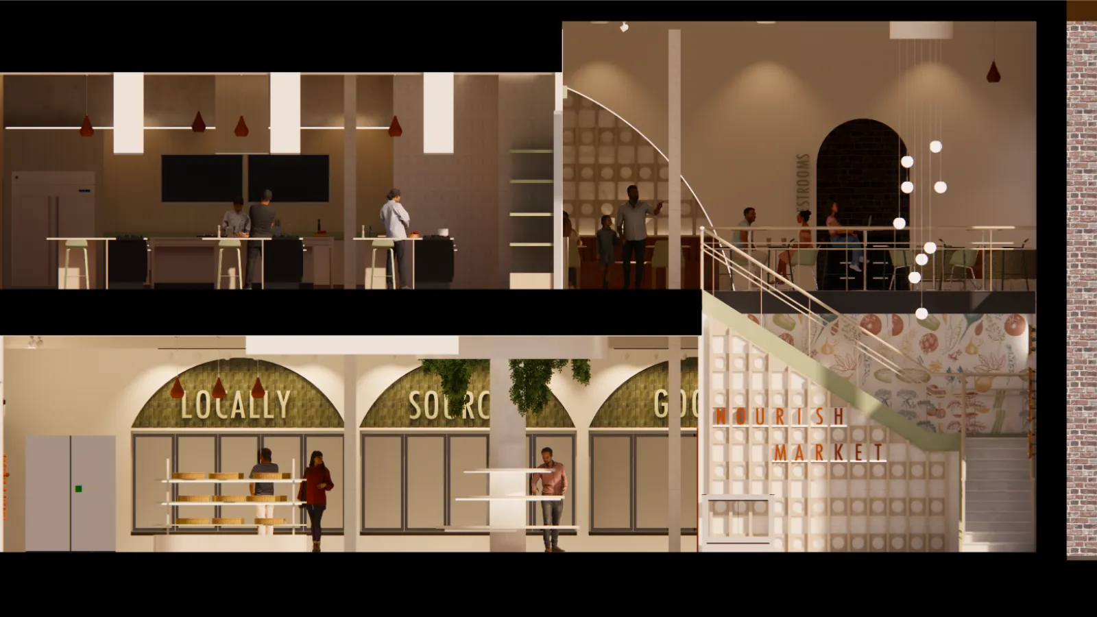 The section shows the first and second levels including the market, entrance, and main staircase leading up to the seating and dining area and instructional kitchen.