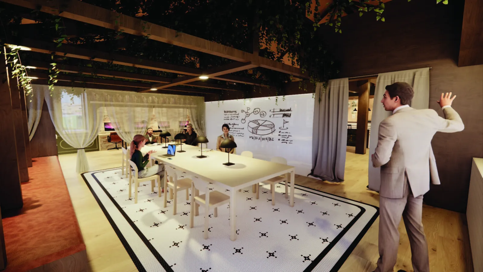 Standing at the south-west corner of level 2, this view shows the inside of the workshop space. It’s enclosed with a matching canopy fixture from the retail space with more draping greenery. One wall is lined with distressed, brown leather benches and the other is a full whiteboard. The space is defined with the same hexagonal mosaic floor tiles. The south wall of the workshop holds two monitors for presenters to use for viewers sitting at the large oak table in the middle of the space. At the back of th