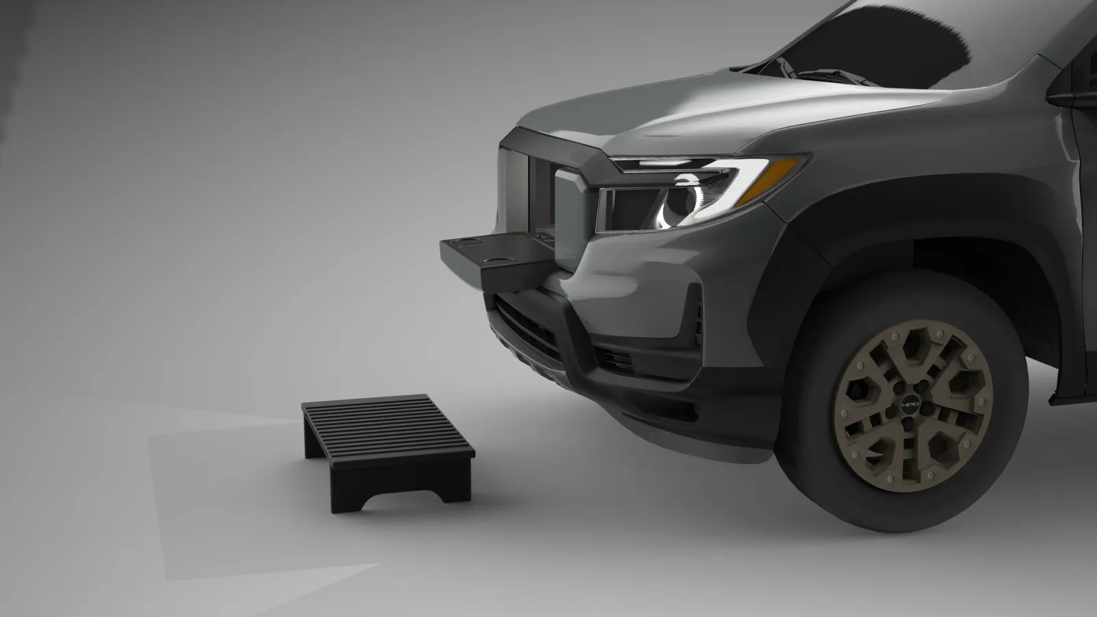 A 3D rendered image of the front of a Honda Ridgeline from farther away with the guard removed and flipped upside down in front of the truck on the ground and looks like a stepping stool.