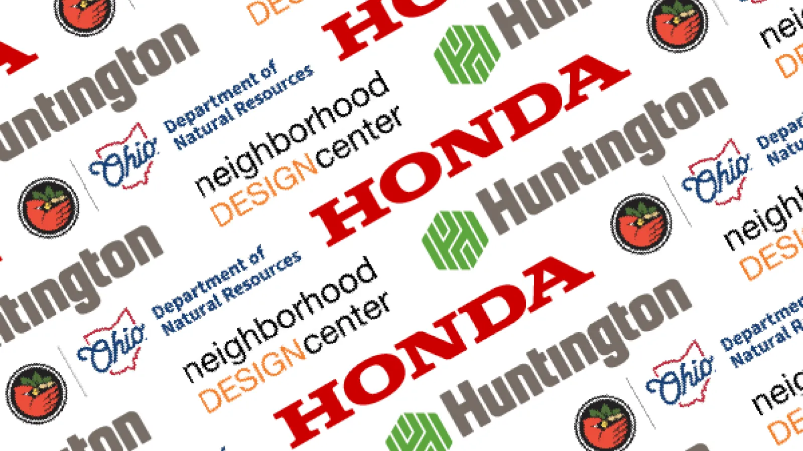 Tiled pattern of organization logos including Honda, Huntington, Ohio Department of Natural Resources, and Neighborhood Design Center.