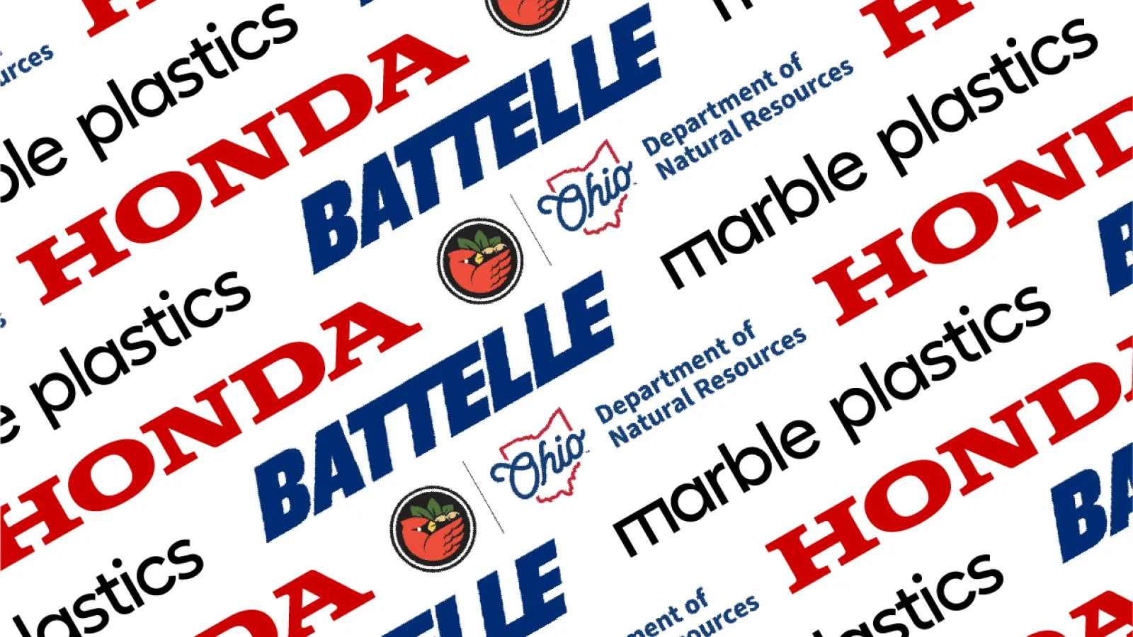 Tiled pattern of organization logos including Honda, Battelle, Ohio Department of Natural Resources, and Marble Plastics.