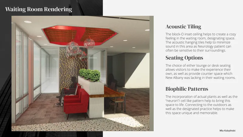 Rendering of waiting area showing accessible lounge and desk seating by Mia Kobylinski