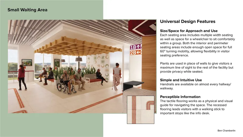 Rendering of small waiting area showing wheelchair inclusive seating groups and custom tactile floor design to assist low-vision navigation by Ben Chamberlin
