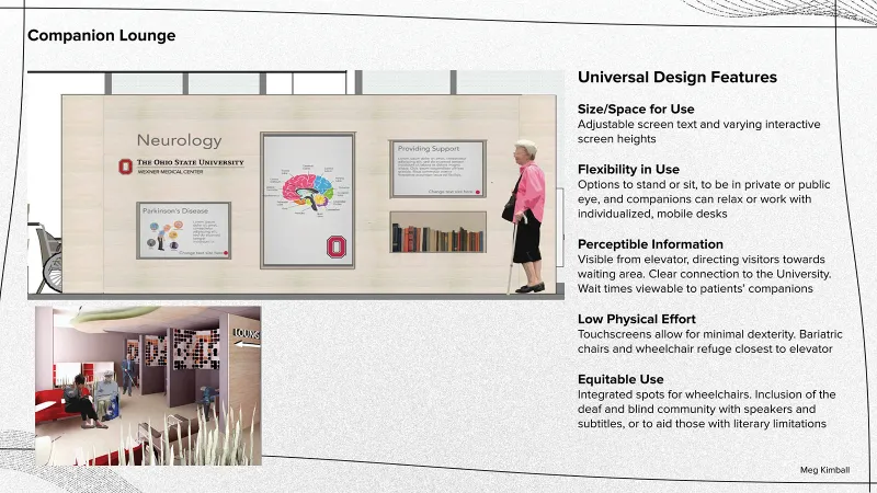 Rendering of companion lounge showing information display screens and private seating nooks by Meg Kimball