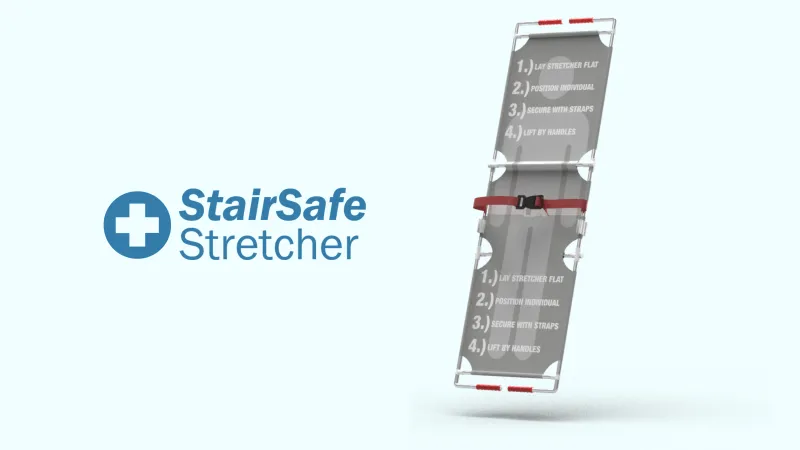 Title page with StairSafe Stretcher Logo and image of the stretcher unfolded and flat
