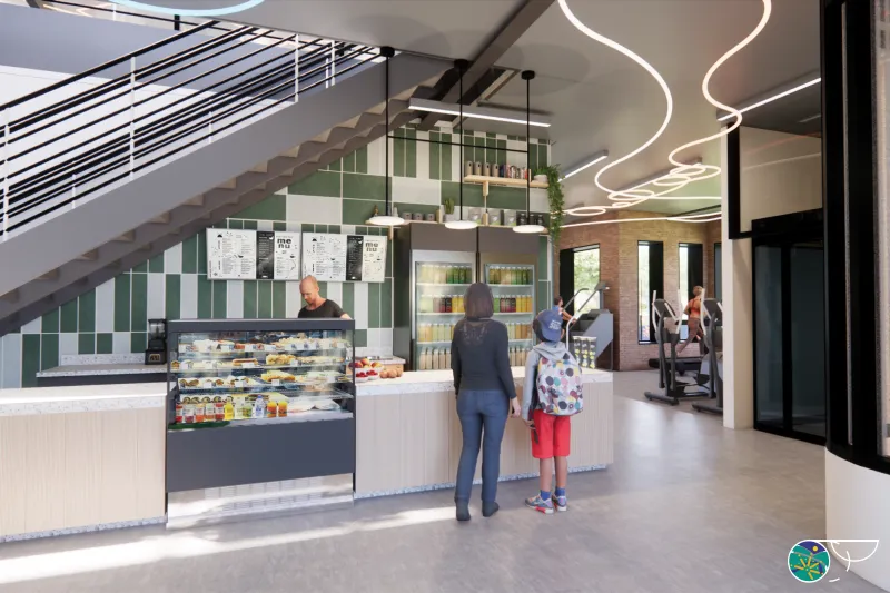 Green tiled kitchenette with open shelving and self-serve refrigerator serving pre-made healthy meals with neon lights above. Cardio gym equipment is present in the background within a corner. 