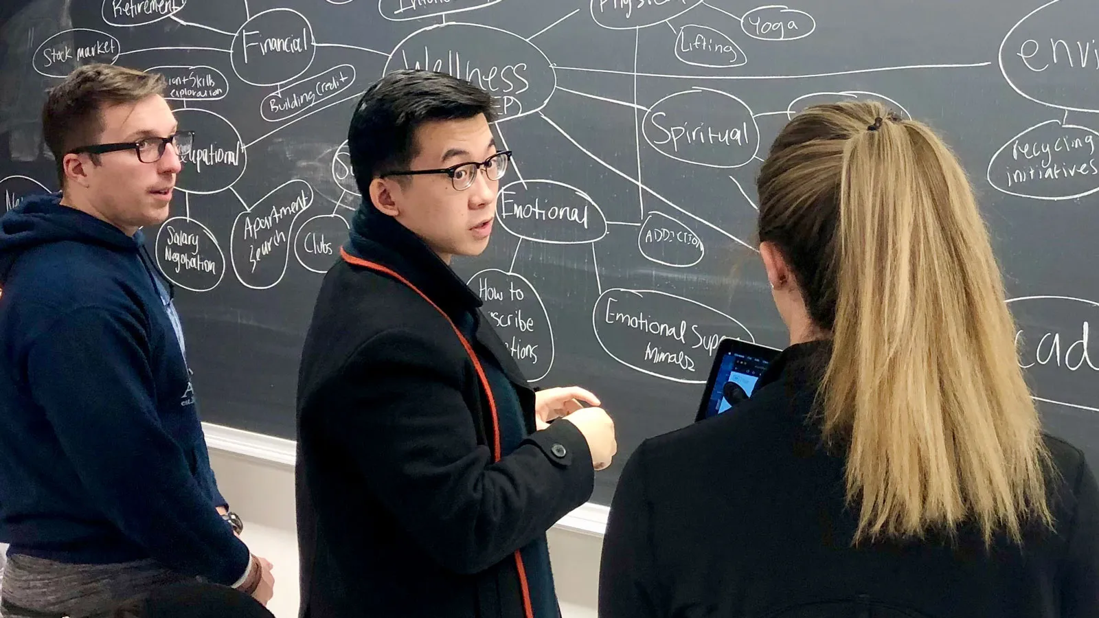 Three students collaborating in front of a chalkboard with a mind map on it.